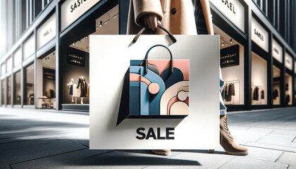 A stylish illustration of a person holding a sale shopping bag in front of fashion store windows, capturing the essence of modern retail and chic design.
