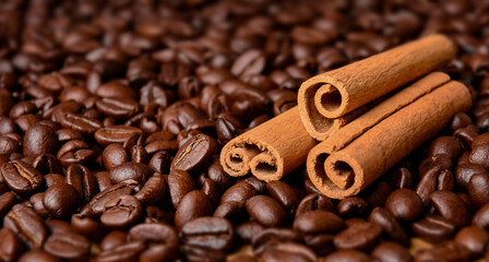 Roasted coffee beans with cinnamon sticks close-up