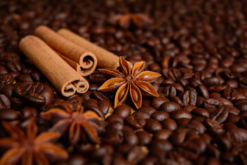 Coffee beans with spices cinnamon and anise