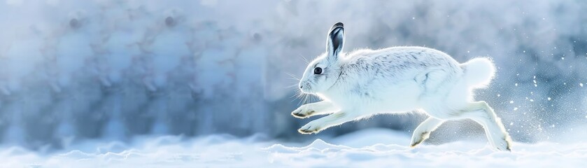 A snowshoe hare leaps energetically across a snow-covered landscape, blending seamlessly with its winter surroundings in a display of natural camouflage.