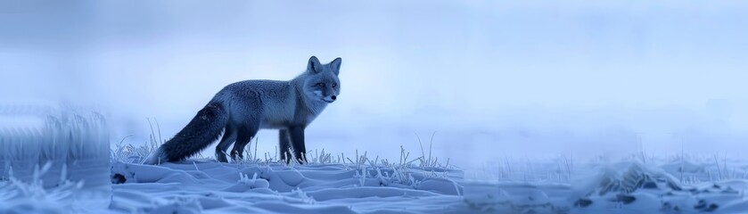 Naklejka premium A solitary fox stands in a snowy landscape, shrouded in mist, emanating a serene and mysterious winter atmosphere.