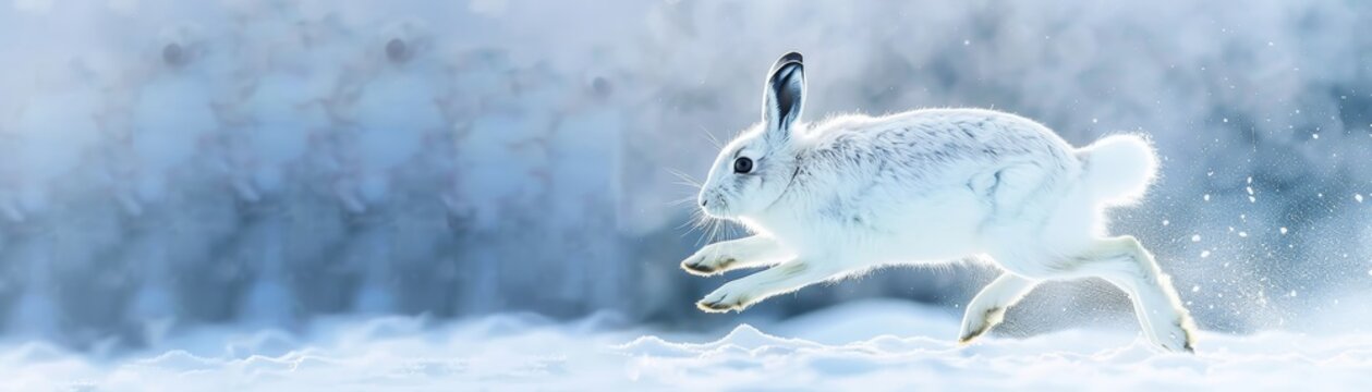 A snowshoe hare leaps energetically across a snow-covered landscape, blending seamlessly with its winter surroundings in a display of natural camouflage.