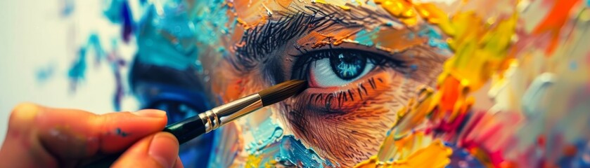 Fototapeta premium Artistic close-up of painting vibrant eye with brush, showcasing colorful details and creativity. Ideal for art, creativity, and painting themes.