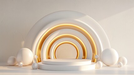 Obraz premium A podium showcasing a white and golden abstract arch with spheres