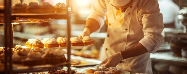 Chef arranging freshly baked pastries on a tray in a bakery kitchen. Golden light highlighting delicious treats in a professional setting.