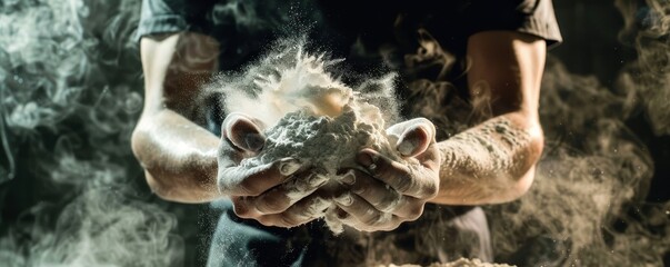 Obraz premium Close-up of hands holding flour in a smoky setting, illustrating the art of baking and culinary creativity.