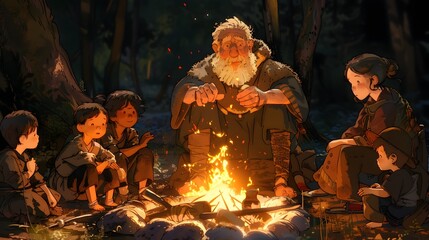 Elder Storyteller Captivates Children by Flickering Campfire