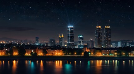 Obraz premium night view of a city skyline with a river in front, skyscrapers