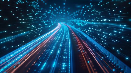 Obraz premium abstract blue light trails on road data transfer speed and digitization concept motion blur background