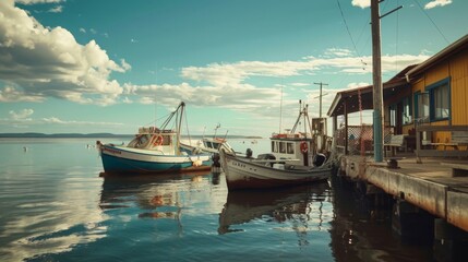 Obraz premium imagine a documentary-style shot of a small fishing village on the Australian coast, capturing candid moments of fishermen and their boats --ar 16:9 --style raw