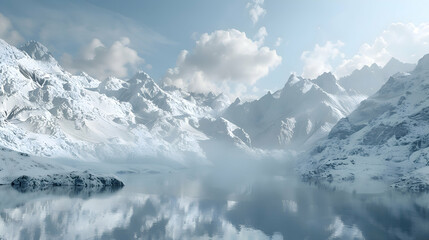 A tranquil lake surrounded by snow-covered mountains