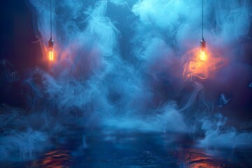 The dark stage shows, blue background, an empty dark scene, neon light, spotlights The asphalt floor and studio room with smoke float up the interior 