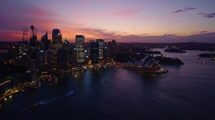 Naklejka premium imagine a breathtaking aerial view of Sydney's skyline at dusk, with the city lights reflecting off the harbor and the iconic Opera House in the background --ar 16:9 --style raw J