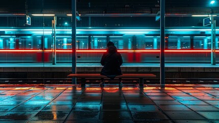 Man Waiting on Platform with Neon Lights