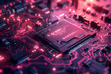 Obraz premium Background with technological digital data interface elements - schematics, chains, and numbers. The color palette with cool shades of blue, purple, green and gray, modern and technological look