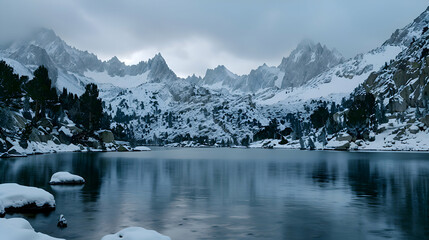 A tranquil lake surrounded by snow-covered mountains