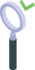 3d isometric illustration of a magnifying glass with a green check mark, symbolizing search and approval