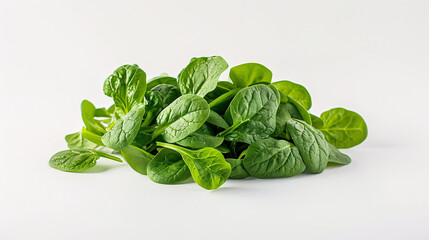 Obraz premium A heap of vibrant green spinach leaves, freshly picked and full of nutrients, contrasted against a pure white background for maximum visual impact.