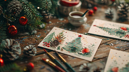 A cozy holiday scene with a table set for card making, featuring watercolor paints, brushes, and Christmas cards adorned with festive illustrations