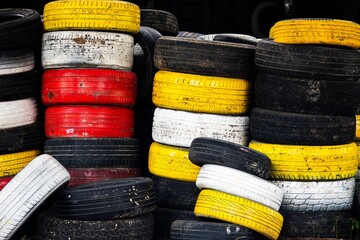 A pile of tires with some red and white tires on top of yellow and black tires