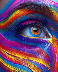 An abstract painting of an eye. The eye is blue and the iris is orange. The face is painted with bright colors.