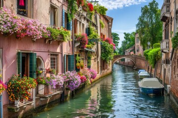 A tranquil canal lined with historic buildings generated by AI