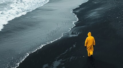 Man in Yellow Clothes Strolling Along Black Sand Beach, Minimalist Editorial Fashion