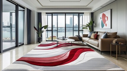 Luxury Living Room with Red and White Tufted Wave-Style Carpet