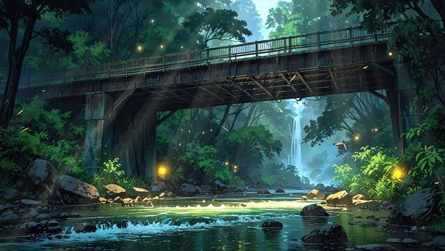 A scenic view of a river waterfall, green trees, and a crossing bridge in a tropical forest, presented in a 4k looping video.