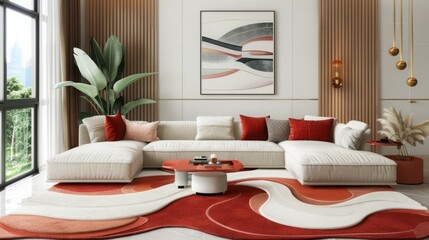 Luxury Living Room with Red and White Tufted Wave-Style Carpet