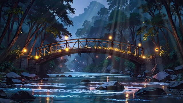 4k looping video displaying a tropical forest landscape with a river waterfall, dense trees, and a crossing bridge.