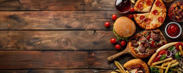 Various unhealthy fast foods on a wooden table, top view, burgers, fries, pizza, and soda, indulgent feast, copy space