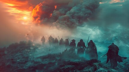 A group of warriors in ancient or medieval attire is seen on a misty battlefield. They are silhouetted against a dramatic sky illuminated by a setting or rising sun that casts an orange glow amongst h