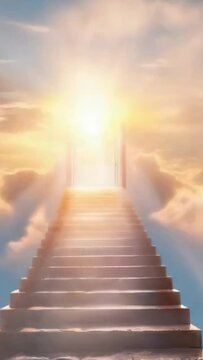 stairs to heaven in sunrise sunset light and clouds.  Concept of ascension and spiritual progress of soul - 4k 9x16 vertical new stock video footage animation AI
