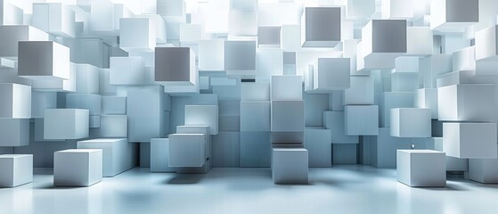 3D rendering of a lot of white cubes of different sizes.