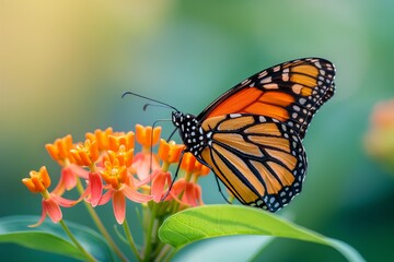 Obraz premium AI generated illustration of a monarch butterfly perched on a milkweed plant tip