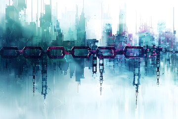 Background with technological digital data interface elements - schematics, chains, and numbers. The color palette with cool shades of blue, purple, green and gray, modern and technological look