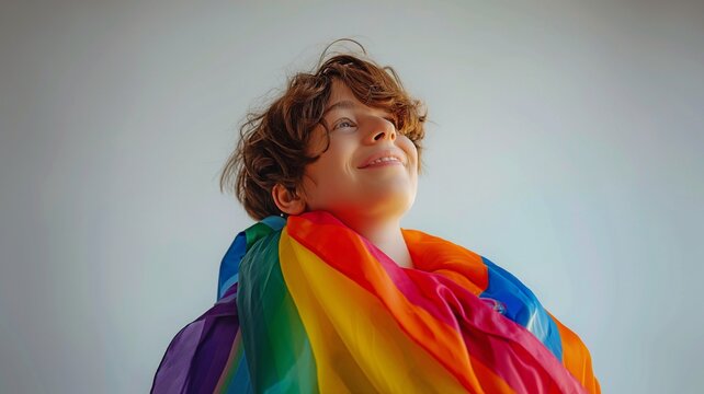 A young individual radiates happiness, wrapped in the vibrant colors of the rainbow flag, symbolizing pride and acceptance.