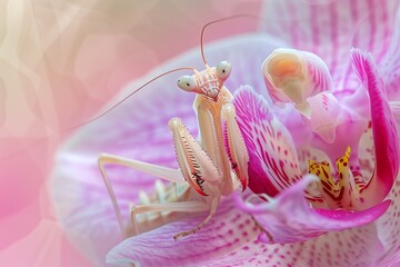 AI generated illustration of a light pink praying mantis in purple flowers