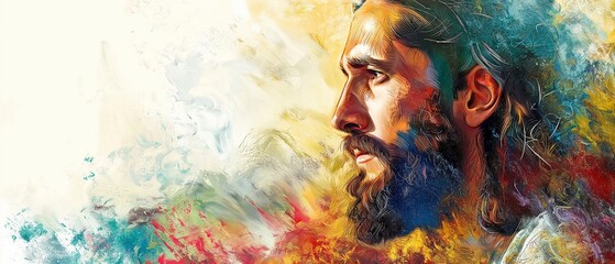 Christian banner with white background and text space of Jesus Christ oil painting style art