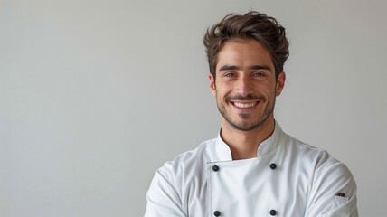 Happy chef in white uniform, casual pose, textured gray background, friendly atmosphere, copy space