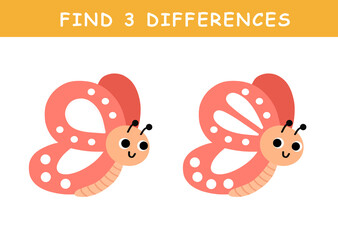 Find 3 differences in illustration. Educational activity with cute butterfly illustration. Spot difference. Educational fun game for children.