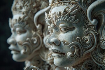 Two Balinese statues with intricate details and a serene expression on their faces.