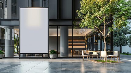 blank billboards mockup outside modern building with cafe seating urban advertising space