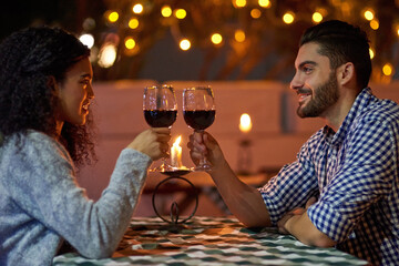 Toast, date and couple with love, restaurant and marriage with happiness, celebration and romantic....
