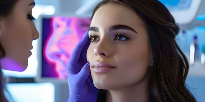 A cosmetic professional evaluating a woman's facial features during a consultation or treatment session. Concept Cosmetic Consultation, Facial Analysis, Treatment Session, Professional Evaluation