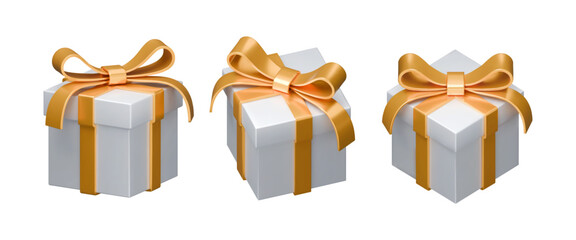 3d gift box with golden bow vector illustration set. Realistic render gift box collection