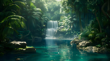 A tranquil waterfall hidden deep within a lush tropical jungle