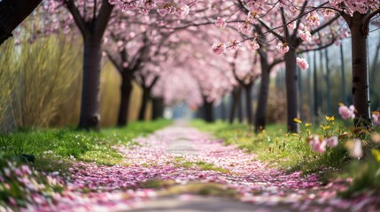 Cherry Blossoms Overhanging a Quiet Park Pathway.