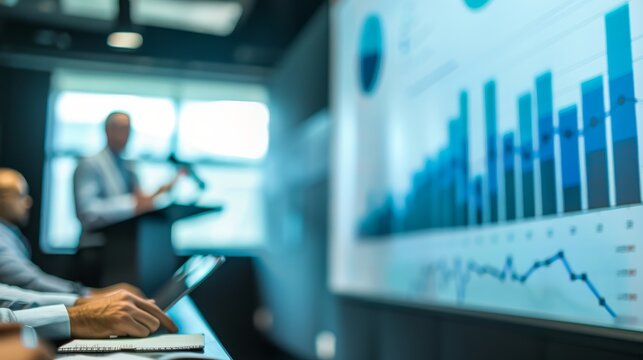 Business meeting with presentation on financial data analysis, focusing on charts and graphs, in a modern conference room.